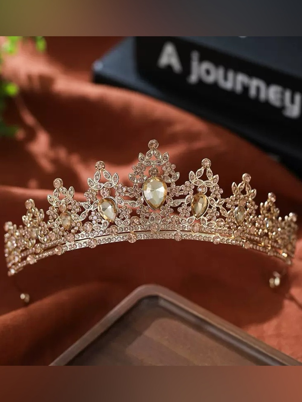 Gold Crystal Bridal Tiara with Champagne Gem Accents